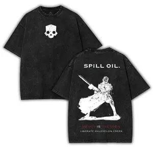 Helldivers 2 Spill Oil Two Sided Washed Graphic T Shirt Unisex 90s Retro Fabric Crewneck Short Sleeve Soft Cotton Oversized Baggy Casual Top Trendy Aesthetic Streetwear Apparel For Adult Gaming Fans Daily Casual Outfit