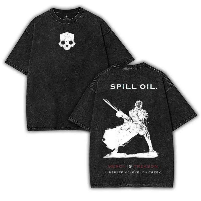 Helldivers 2 Spill Oil Two Sided Washed Graphic T Shirt Unisex 90s Retro Fabric Crewneck Short Sleeve Soft Cotton Oversized Baggy Casual Top Trendy Aesthetic Streetwear Apparel For Adult Gaming Fans Daily Casual Outfit