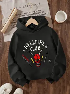 New Spring And Autumn Children's Clothing, Boys And Girls' Creative Hooded Sweatshirts, Stranger Things Hellfire Club Printed Tops, Graphic Hoodies, Trendy, Casual Daily Wear Versatile For All Occasions, Ideal Gift Choice