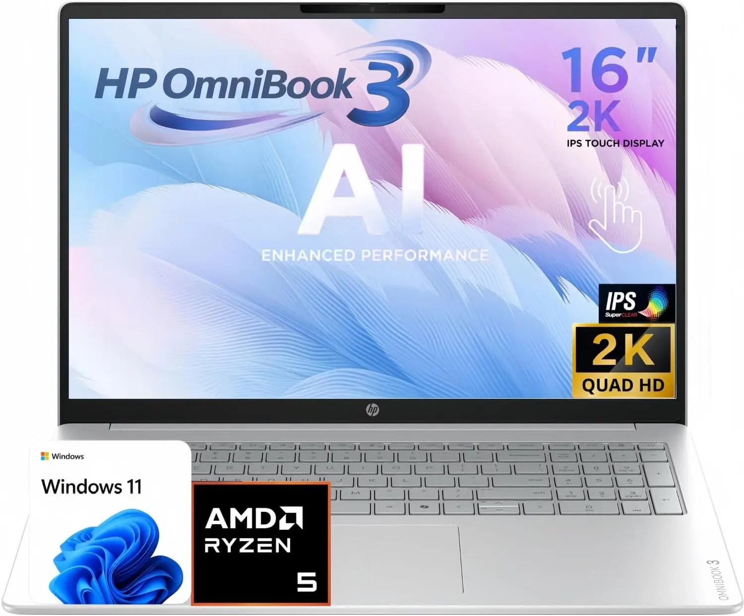 HP OmniBook 3 16" Laptop, AI PC, 2K WUXGA Touchscreen, AMD Ryzen 5 Processor, 8GB DDR5, 256GB PCIe SSD, Copilot AI, Windows 11, Wi-Fi 6 & Bluetooth 5.4, Productivity and Multitasking