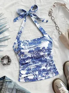 Summer Essential Knit Top, Blue and Porcelain Pattern, Strapless Halter Neck, Slim Fit, Sexy Design, Perfect for Summer
