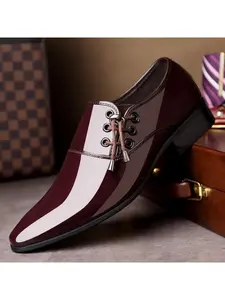 Men's Business Leather Shoes, Elastic Strap High-End Glossy Trendy Pointed Toe Formal Wedding Shoes, Slip-On Casual Work Party Meeting Wear, Leather Footwear, Office Footwear