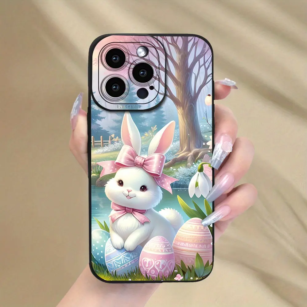 Colorful Easter eggs and bunnies, unique anti-drop black phone print, suitable for iPhone 17/16/15/14/13/12/11/X/XS/XSMAX/XR/12.13MINI/16E, suitable as a Valentine's Day gift for friends, family, and girlfriend, Cover, Accessories, Smartphone, Cellphone s
