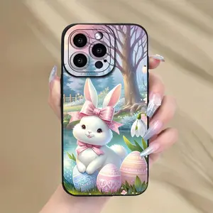 Colorful Easter eggs and bunnies, unique anti-drop black phone print, suitable for iPhone 17/16/15/14/13/12/11/X/XS/XSMAX/XR/12.13MINI/16E, suitable as a Valentine's Day gift for friends, family, and girlfriend