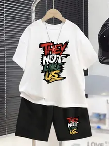 THEY NOT LIKE US" Colorful Letter Kids' Short Sets, Street Graffiti Style, Boys' Edgy Trendy 2-Piece Outfit