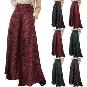 Plaid Skirts for Women High Waisted Fall Maxi Skirts A-Line Pleated Tartan Skirt Dress Trendy Full Length Long Skirt