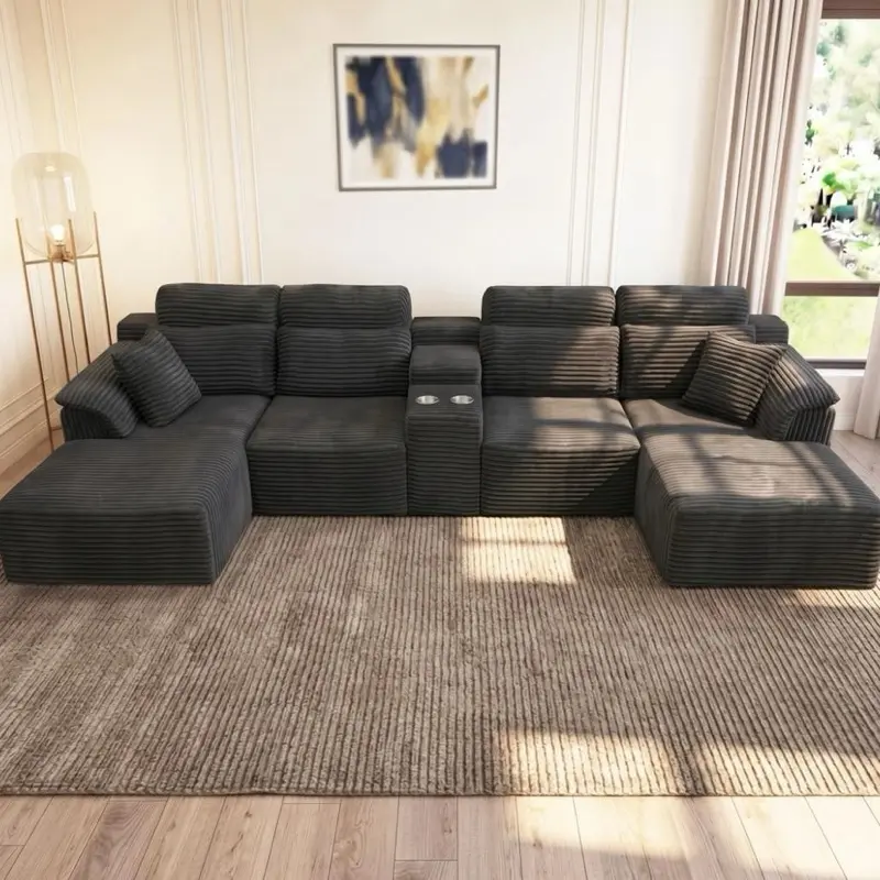 145" U Shaped Cloud Modular Sectional Couch Boneless Couch W/Cup Holders USStock