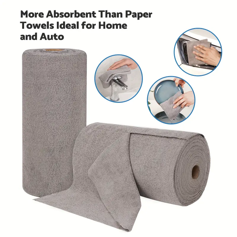 40pcs Gray*2 Roll Reusable Microfiber Cleaning Cloths, 25cm x 25cm Washable Tear-Away Absorbent Rags, Drying Dishcloths for Bathroom, Kitchen, Gray*2Roll