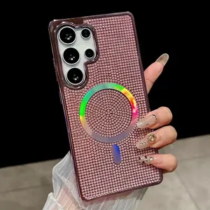 Fin Plating Glitter Rhinestone Magnetic Mirror For Magsafe Case Samsung S25 S24 S23 Ultra S25 Plus Diamond Wireless Charging Cover
