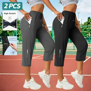 3-pack women’s ice silk breathable high-stretch capris with drawstring waist and zippered pockets, comfortable and skin-friendly, suitable for outdoor jogging and gym workouts,summervibes