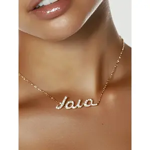 Dainty Blinged Gold Custom Necklace 18K Gold Silver & Rose Gold Plated Stainless Steel Personalized Nameplate Waterproof Jewelry