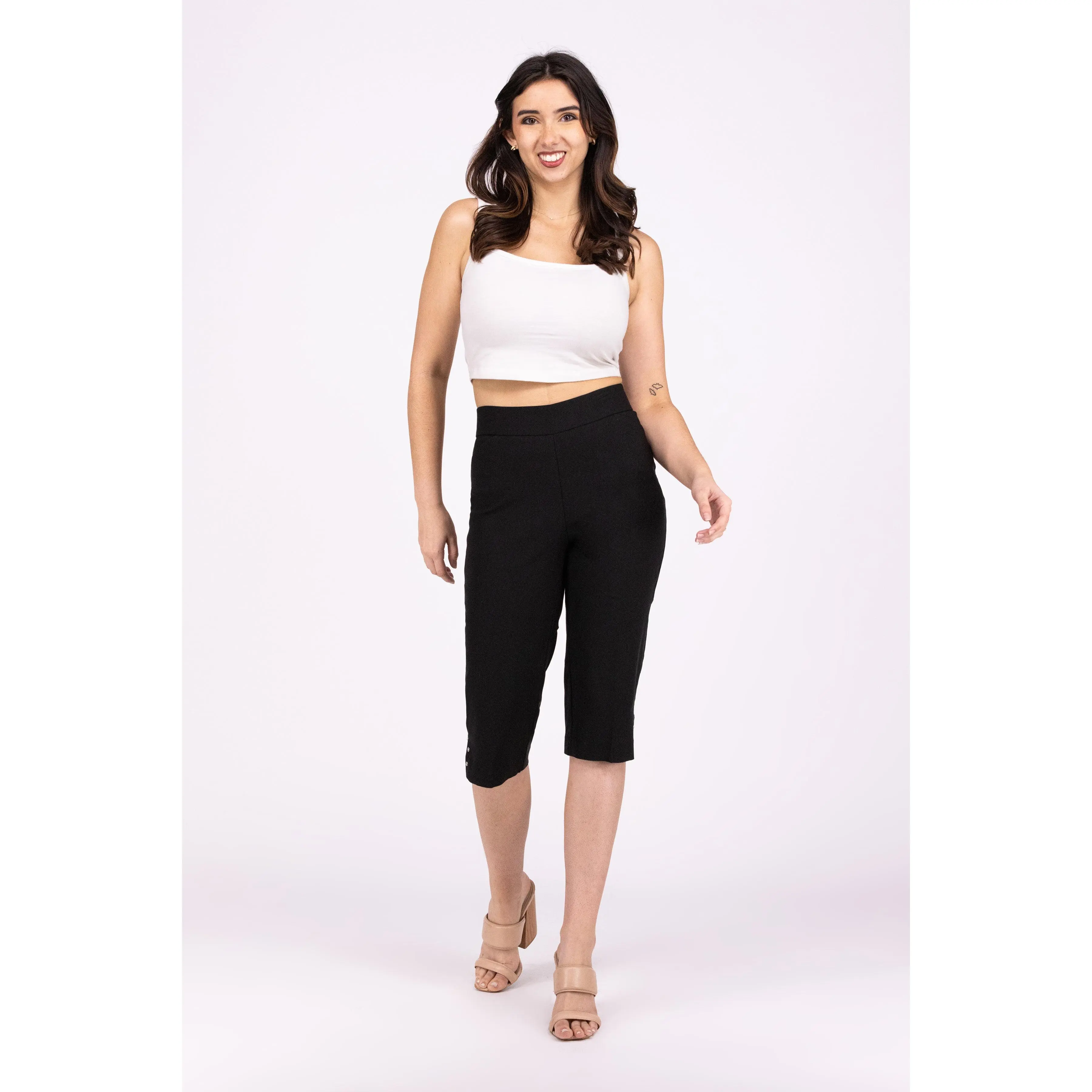 Women's Classy Mid-rise Soft Spandex Apparel Capris Bottom - Versatile for Work & Play - Final Sale, Straight, Nylon, Pants, Slit