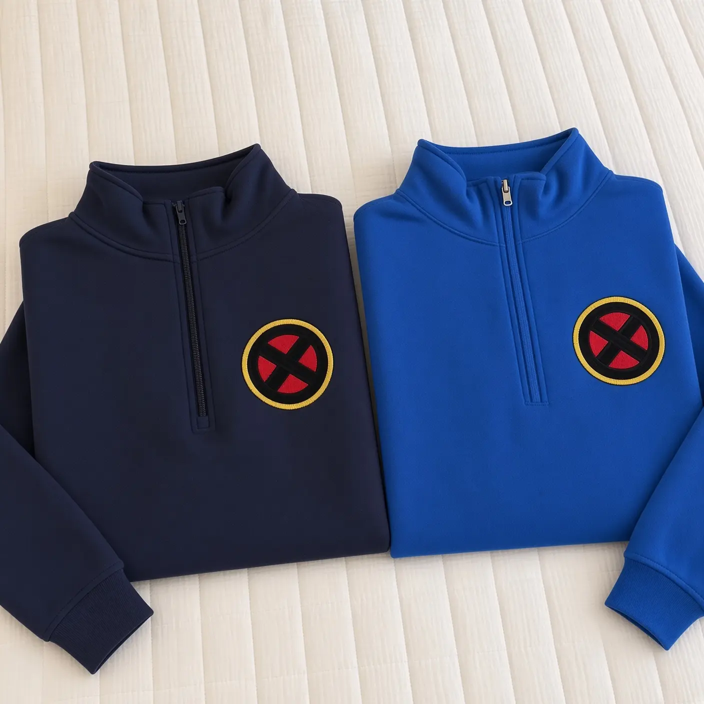 Embroidered Mutant Emblem Quarter Zip Sweatshirt, Vintage Marvelous Hero Fleece Pullover, Casual Y2K Outerwear