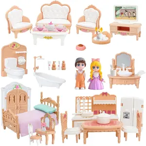 Princess Dollhouse Furniture Set, 48 Piece Luxury Miniature Accessories Collection with Living Room, Bathroom, Bedroom，Kitchen, TV Entertainment Set (Beige)