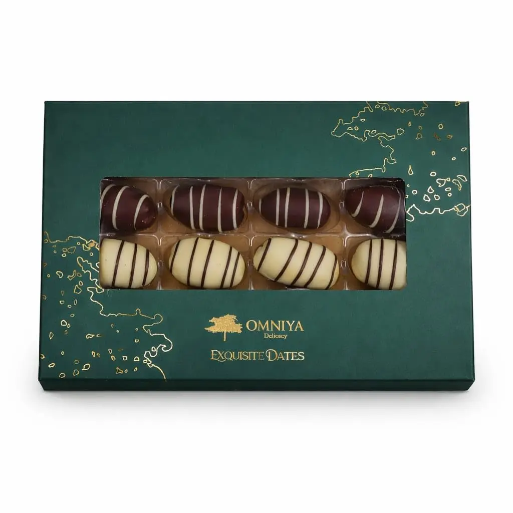 OMNIYA Delicacy – Chocolate Exquisite Dates Box (1 Count, 16-Piece Medjool Dates) – Stuffed & Coated with Milk Chocolate, Pistachio, Caramel & Lotus – Premium Middle Eastern Gift