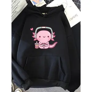 Cute Axolotl Gaming Hoodie - Beige Unisex Pullover Sweatshirt with Pink & Blue Cartoon Design, All-Season Comfort, Machine Washable Casual Streetwear for Adults, Comfortable Streetwear| Durable Comfort Wear, Sweater Hoodie