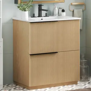 Christopher Knight Home ®   30" Bathroom Vanity with Ceramic Sink and Full-Extension Drawers, Soft Close Undermount Drawer Slides, Fluted Design, Natural