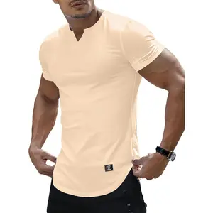 Mens Muscle T Shirts V Neck Short Sleeve Henley Shirt Hipster Longline Gym Workout Athletic Tee Shirts