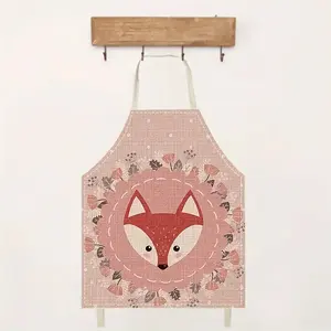 Fox Pattern Apron, Floral Pattern Apron with Pocket, Cute Kitchen Apron, Household Apron for Cooking, Baking, Cleaning