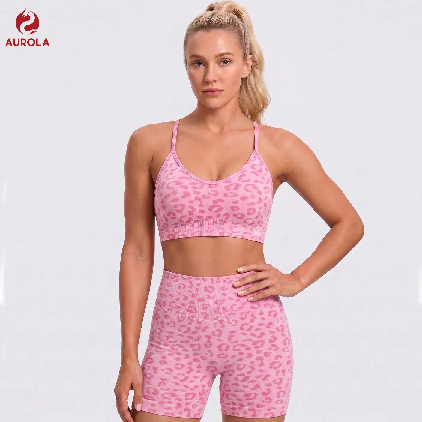 AUROLA Leopard Workout Set for Women, Cheetah Sports Bra & Scrunch Butt Shorts, Backless Strappy Gym Outfit