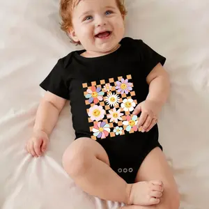 Floral Checkerboard Pattern Design Print Bodysuit Baby Rompers Short Sleeve Cotton Toddler Rompers Graphic Print Baby Clothes One-Piece Outfit