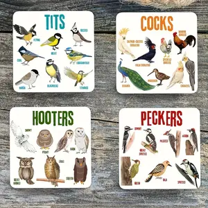 4pcs Coasters, Creative Square Wooden Coaster, Double Switch Bird Pattern Kitchen Dining Table Decoration, Insulation Mat, For All Drinks And Dining Table Types, Protect Furniture From Water Rings And Stains, Home Supplies