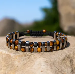 Premium Tiger’s Eye & Hematite Bracelet, Genuine Natural Stone Energy Jewelry for Strength & Balance, Gift for Men 6.5–8 Inches