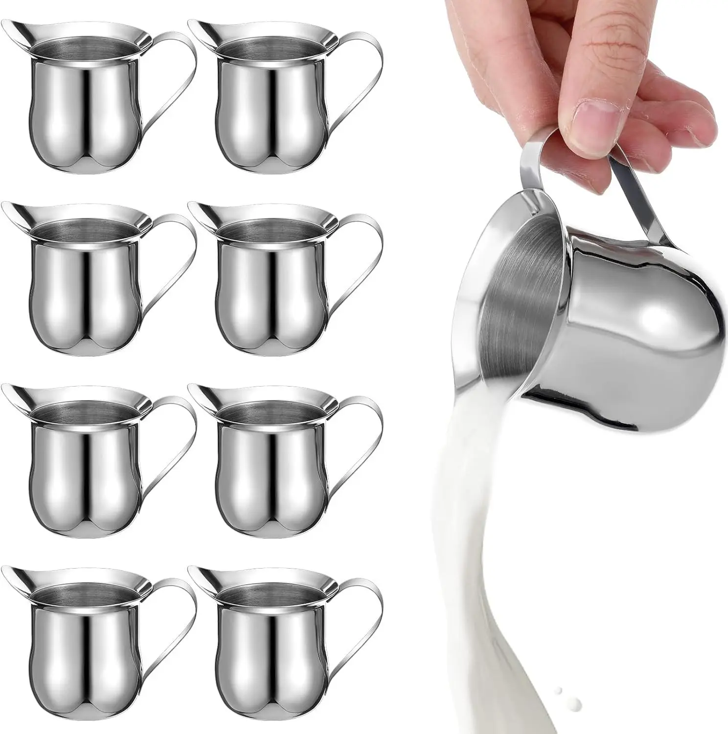 8 Pack 3 oz Creamer Pitcher - Stainless Steel Bell Creamers, Mini Creamer Dispenser with Pouring Spout for Serving Milk, Coffee Cream, Maple Syrup, Espresso Machine for Restaurant, Cafes