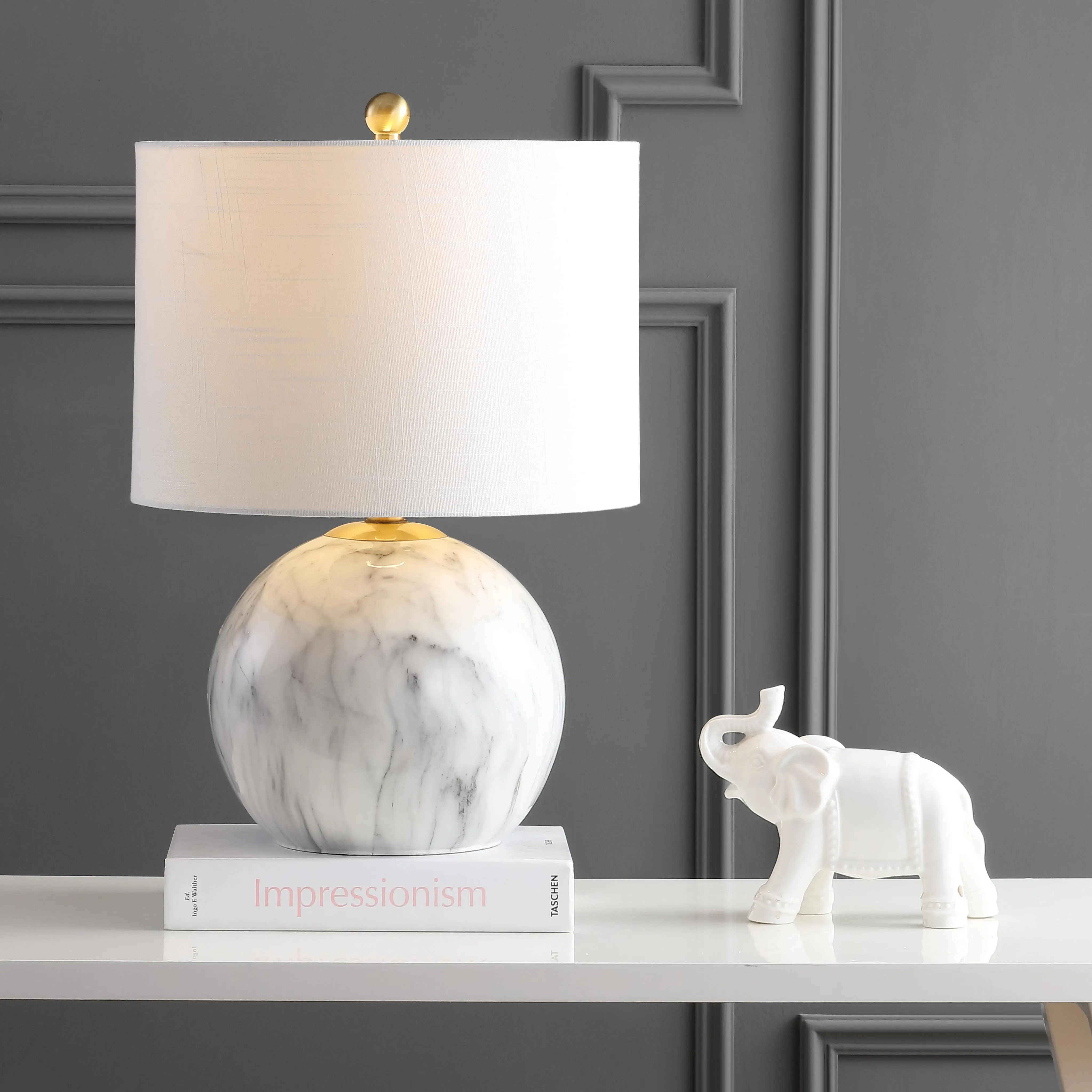 JONATHAN Y Luna Table Lamp 21.5" Faux Marble Resin Metal, White/Brass Gold | Geometric Sphere Base, Linen Drum Shade, UL Listed, LED Bulb Included, Rotary Switch, Transitional Decor