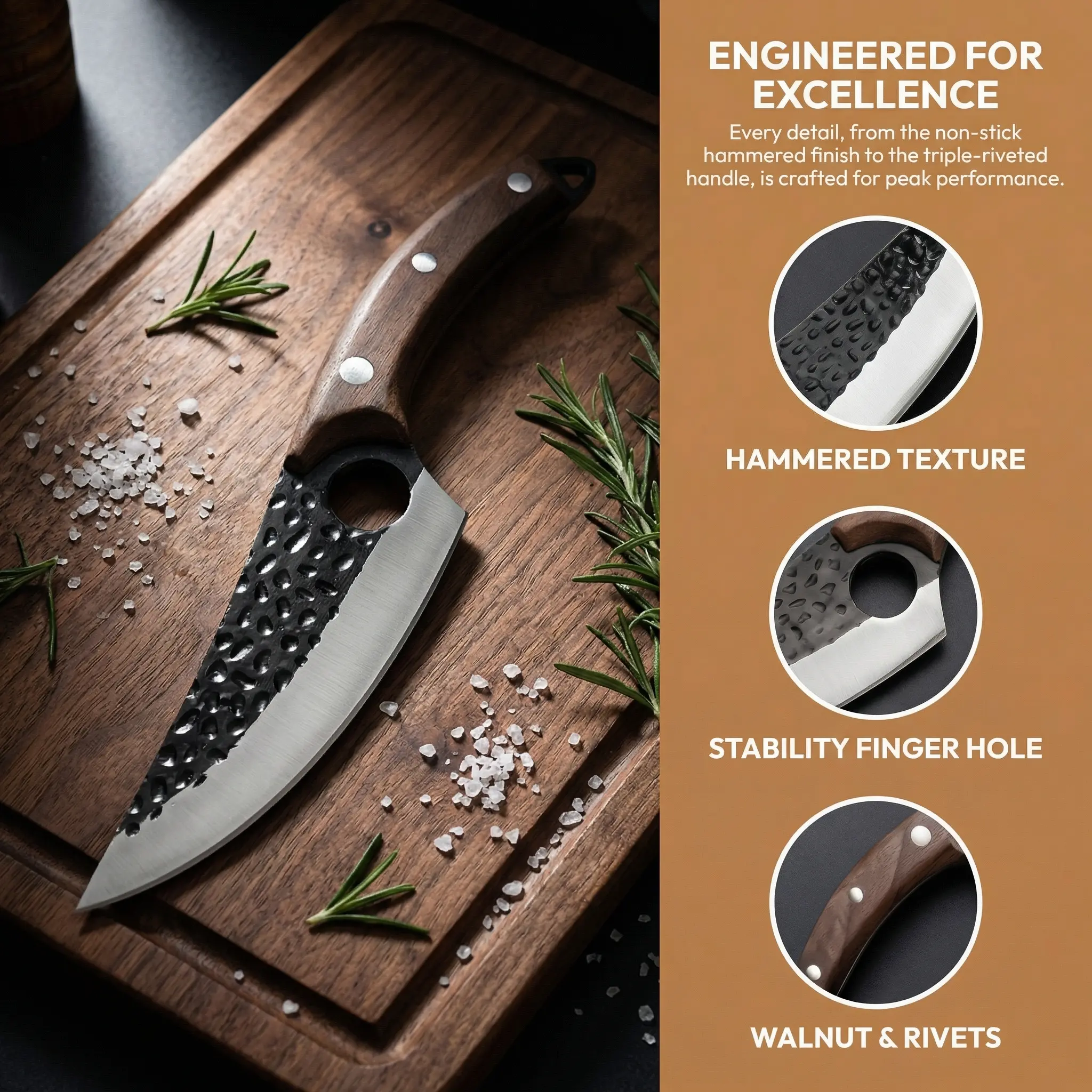 Handmade Forged Butcher Boning Knife, Non‑Stick Hammered Blade Wood Handle, Outdoor Camping BBQ Meat Knife with Protective Leather Sheath