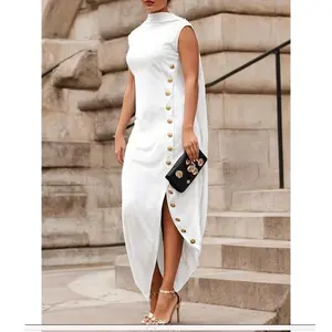 Peng Loose Sleeveless Solid Color Side-Slit Shawl-Collar Maxi Dress