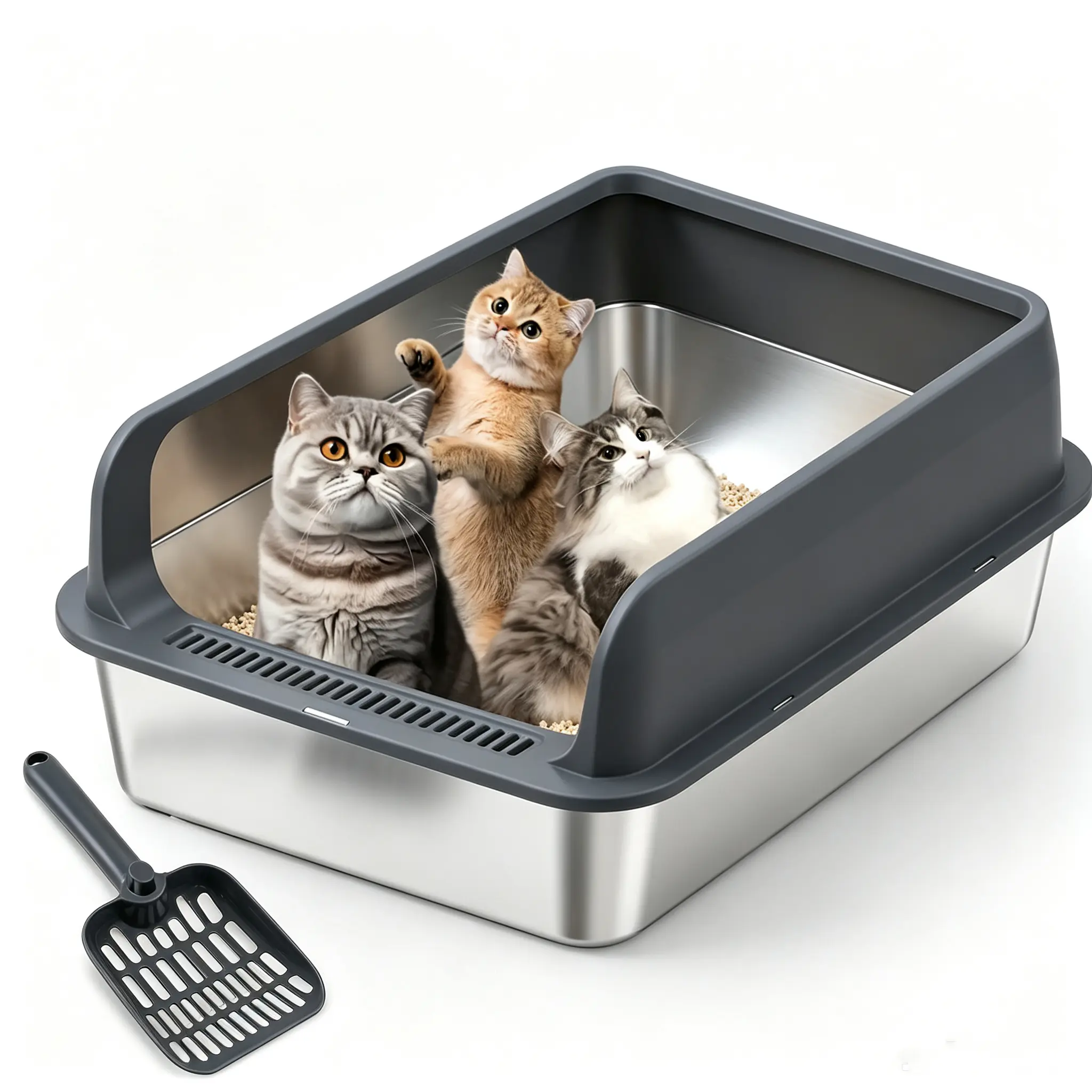 Petwhole Stainless Steel Cat Litter Box for Large Cats - Modern Minimalist Design with High Sides for Mess Trapping, Extra-Large Space for Cat ,Raised Rim for Odor Control Design, Low Easy Entriy, Leak-Proof Design, Non-Sticky Surface, Easy Cleaning