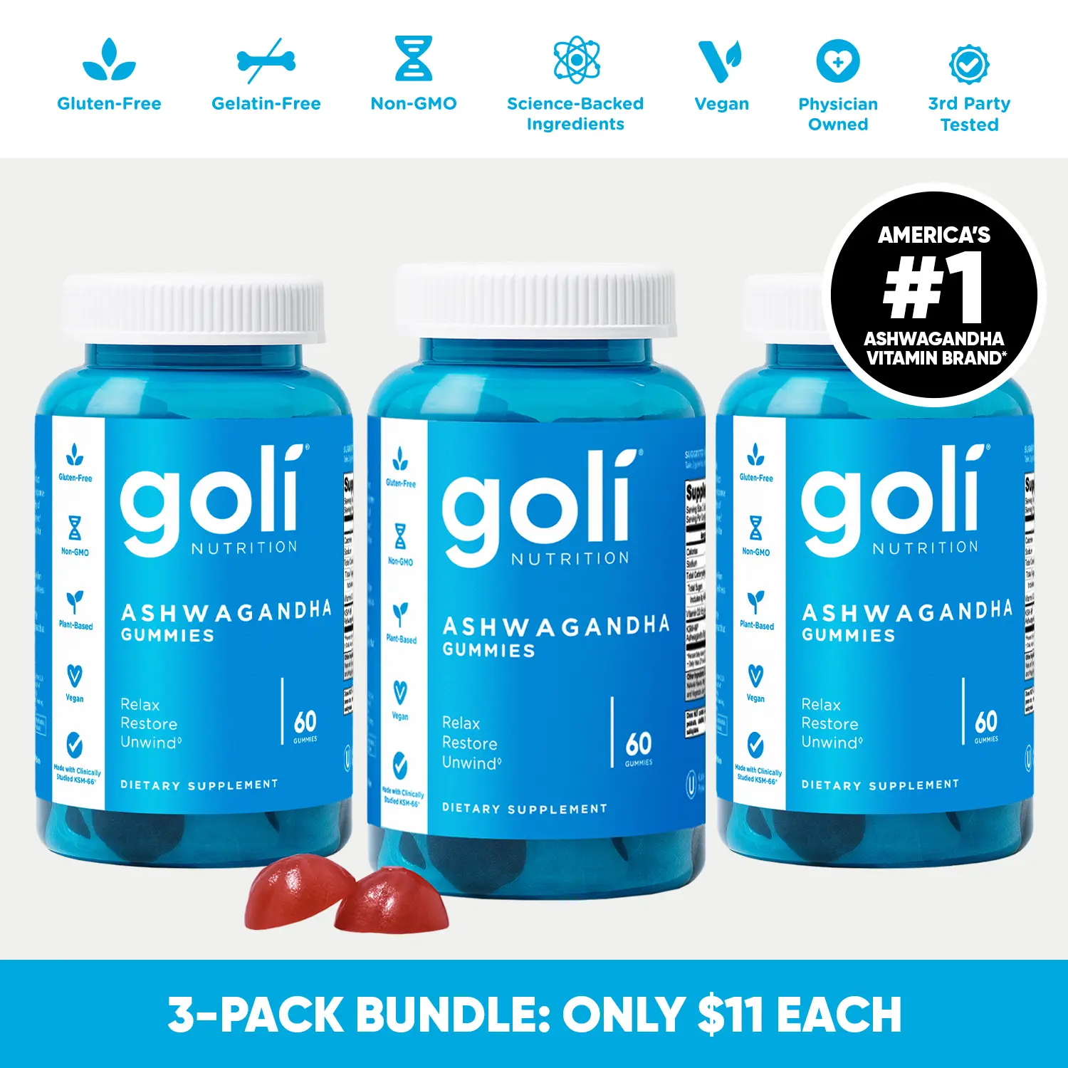 3 Bottles of Goli Ashwagandha & Vitamin D Gummy - Mixed Berry, KSM-66, Vegan, Plant Based, Non-GMO, Gluten & Gelatin Free