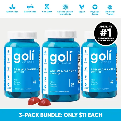 3 Bottles of Goli Ashwagandha & Vitamin D Gummy - Mixed Berry, KSM-66, Vegan, Plant Based, Non-GMO, Gluten & Gelatin Free