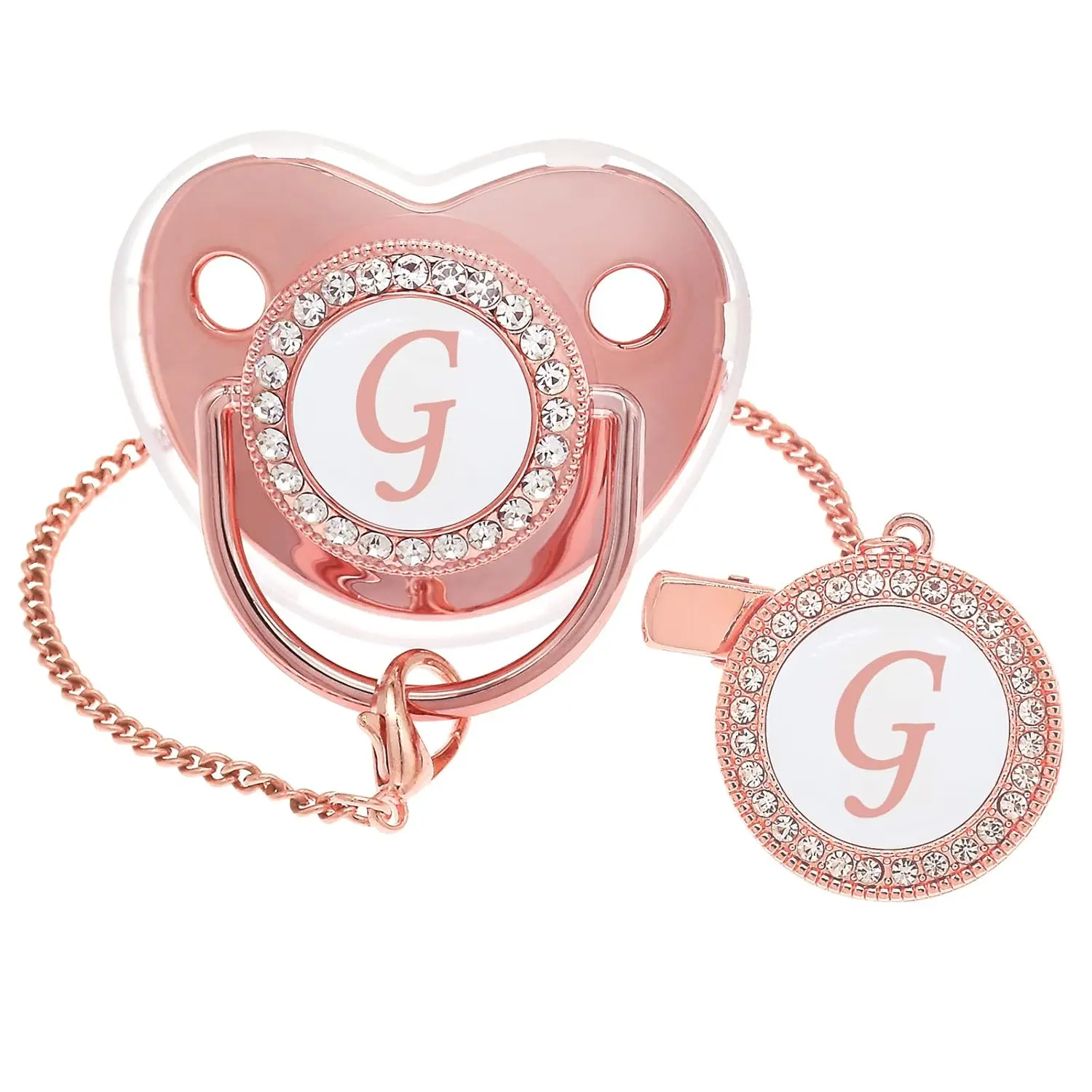 Bling Personalized Pink Baby Pacifier (Letter G) with Pacifier Clip, Anti-Dust Cover, 26 A-Z Letters Option – for 2-3 Years Babies, Parents, Gift for Parents, Clip to Bags/Bun, A-Z 26 Letters