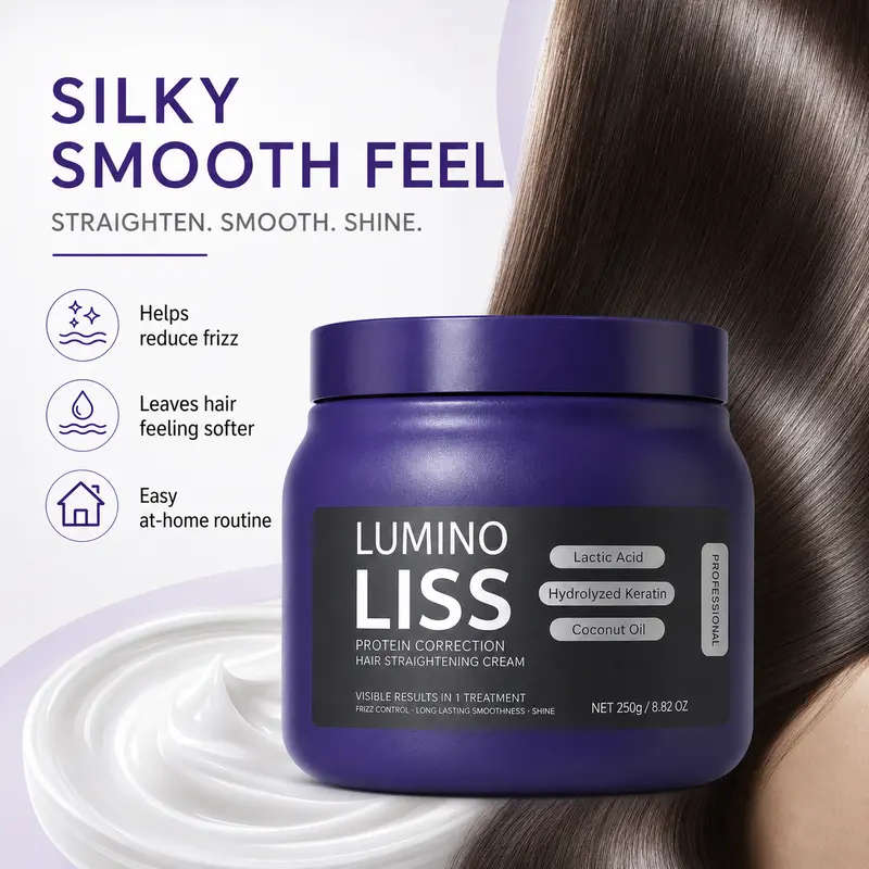 LUMINO LISS Protein Hair Straightening Cream (250ml) - Hydrating Keratin + Lactic Acid Duo for Female Adults, Hydrolyzed Keratin, Coconut Oil, Anti-Frizz, Intensive Repair, Moisture Boost, Sleek Finish Hair Treatment