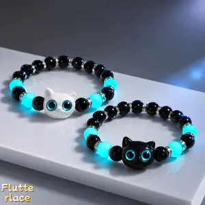 2PCS Glow in the Dark Cat Bracelet Set, Cute Cartoon Beaded Stretch Bracelets for Women & Men, Glitter Rhinestone Mosaic Jewelry, Trendy Y2K Aesthetic Wrist Accessories for Party, Daily Wear & Gift Idea