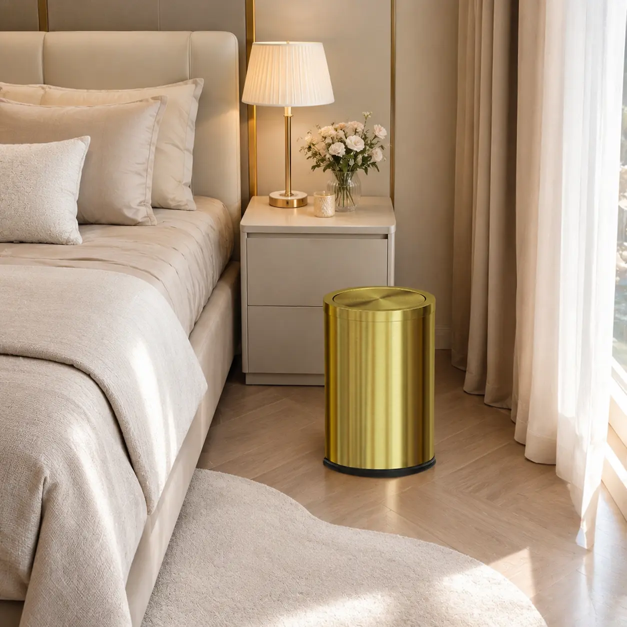 9L Gold Stainless Steel Trash Can - 360° Silent Flip Lid & Rust-Proof Structure, Compact Odor Isolation Waste Bin for Kitchen, Bathroom & Office, Quiet Premium Waste Storage Solution
