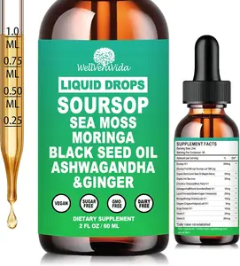 Soursop Bitters Liquid Drops- Organic Soursop Leaves Extract for Energy, Skin, Immune & Gut HealthNatural Superfood Antioxidants Supplement Sea Moss, Moringa, Black Seed Oil, Ashwagandha & Ginger, 2 Fl pack of 1