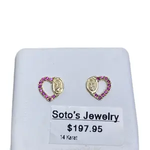 Soto's Jewelry 14 Karat Virgin Mary Stud With Pink Stone Earrings Screwback a