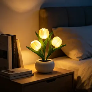 White Tulip Night Light with Ceramic Pot, 3-Head LED Artificial Flower Lamp Battery Operated, 8.6" Aesthetic Bedside Table Lamp, Unique Real Touch Faux Flower Mood Light Birthday Gifts for Women Mom
