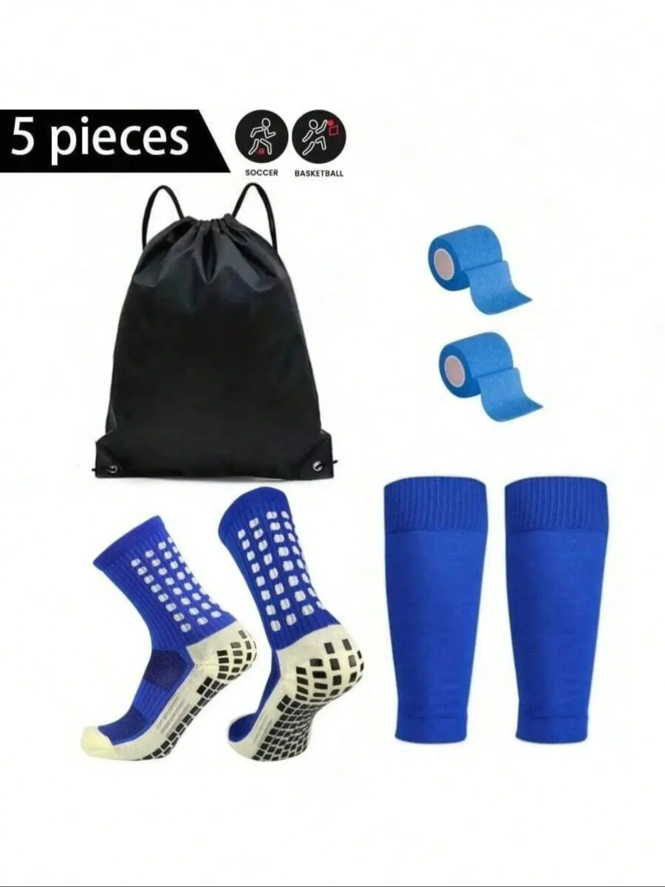 5-Piece Soccer Gear Set, including a waterproof drawstring bag, non-slip soccer socks, shin guards, self-adhesive athletic tape, and youth-sized high leg sleeves for athletic training.