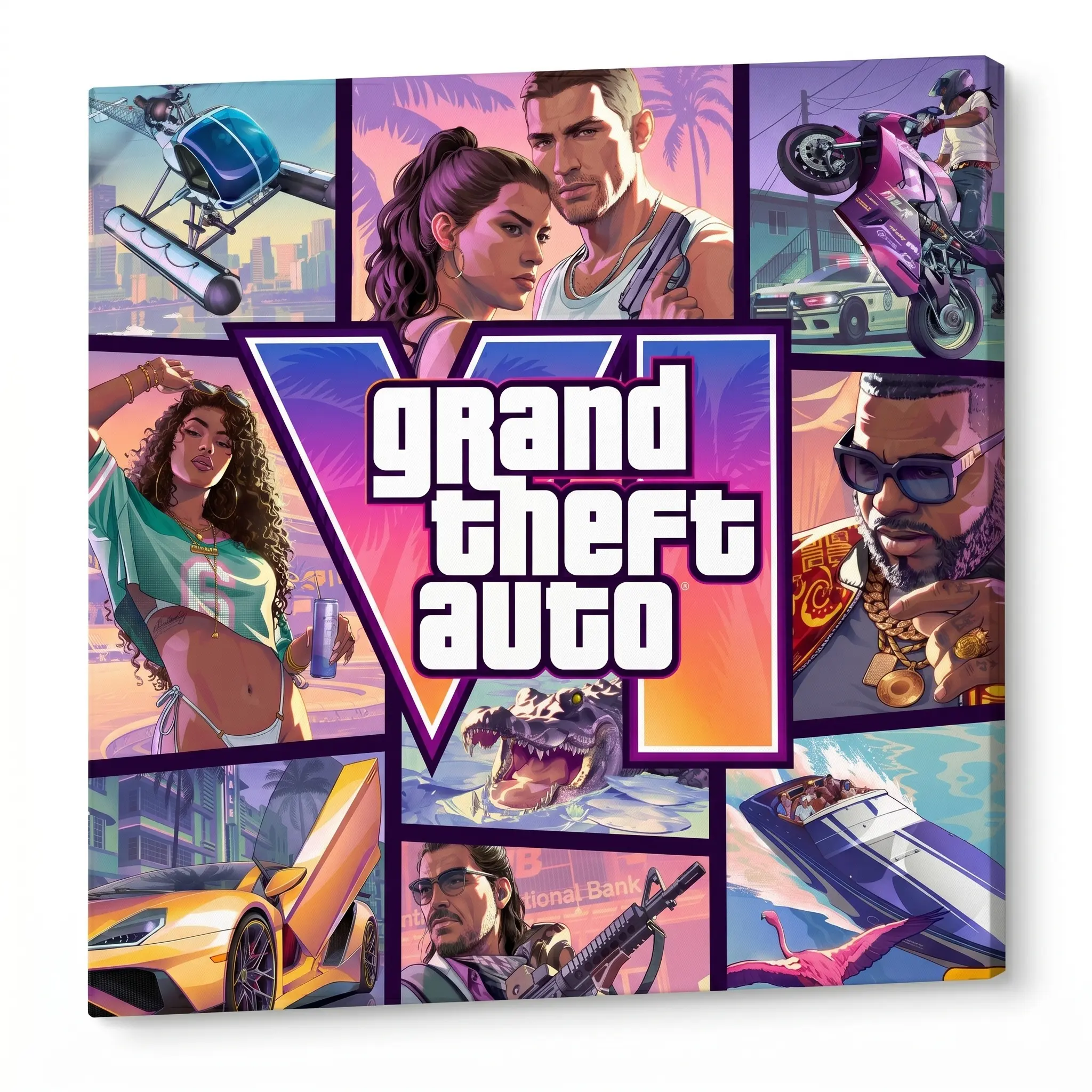 GTA 6 Poster, Grand Theft Auto VI Release Date Poster Wall Art Aesthetic Poster Quirky Animal Oil Painting Style Fun Picture Canvas for Teen Room Bedroom Studio Unique Wall Decor Home Decor Picture with Wooden Frame