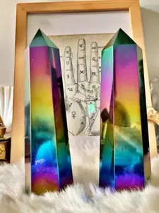 1pc CRYSTALHOLA Aura Obsidian Crystal Tower - Iridescent Rainbow Colors (Blue, Purple, Pink, Golden, Teal,), Glossy Finish, Decorative Tower for Home Decor, Jewelry Making, Birthday/Christmas/ Party Decorations - Perfect Gift for Teens, A Aurora Crystals