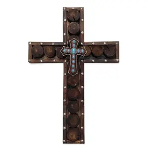 Studded Wood & Turquoise Cross Wall Decor