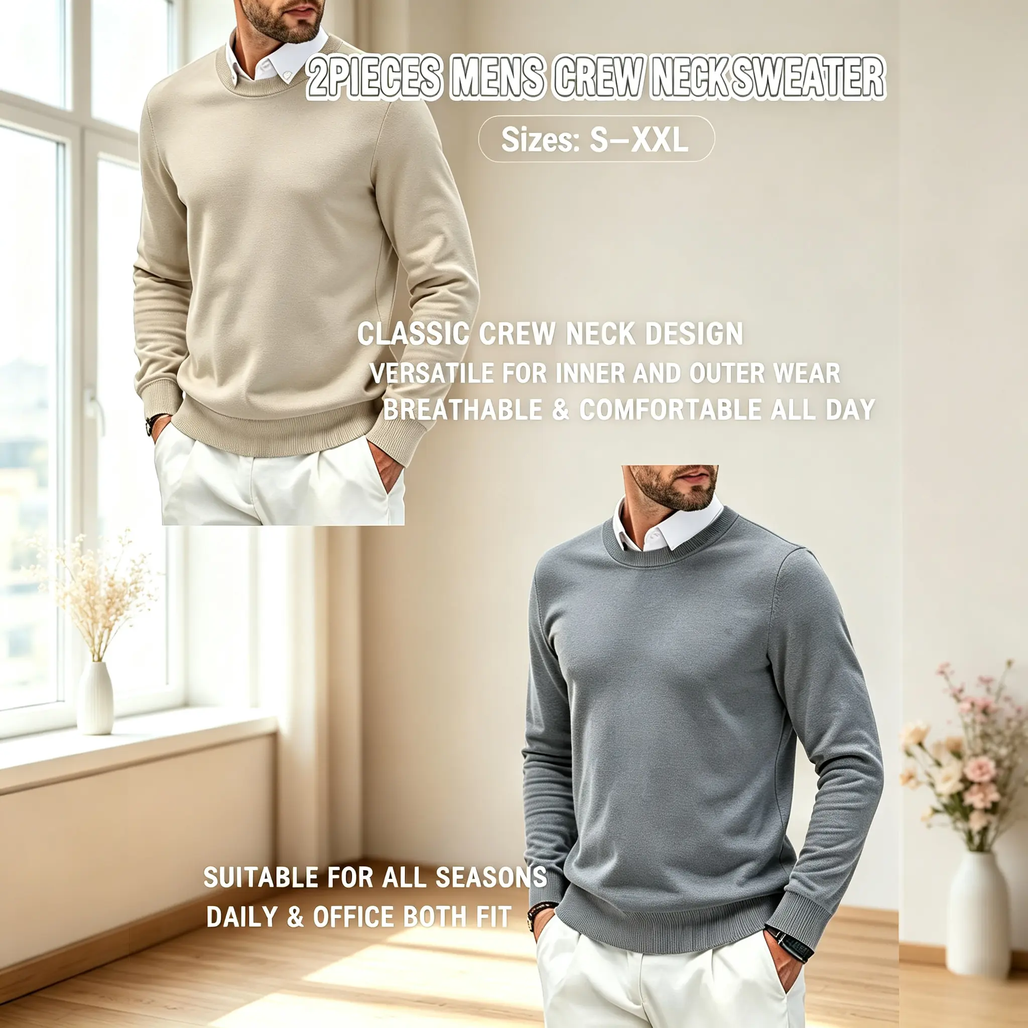 Men's 2-Pack Crew Neck Knit Sweater - Long Sleeve Solid Color Lightweight Pullover, Smart Casual Inner/Outer Layering Tops (S-XXL) for Pairing with Jeans, Shirts, Pants, Jackets, Garment, Menswear
