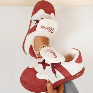 Adorable Warm Slippers for Women Patchwork Design with Warm Embroidery Cozy Fleece Lining Mini Snow Boots Comfortable Non-Slip Sole Indoor Outdoor Shoes