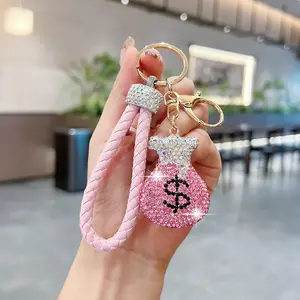 Creative Rhinestone Money Bag Car Keychain, Fashion Dollar Purse Hanging Decoration, Handmade Rope Key Ring Circle, Holiday Gift, Trendy Cute Keychain