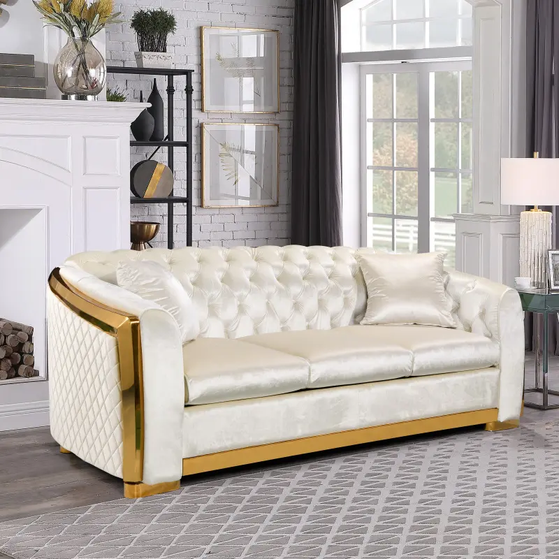 84in Beige Velvet Luxury Chesterfield Modern Upholstered Sofa - 3-Seat Tufted Living Room Couch with Gold Stainless Steel, Wood Accents, Chaise