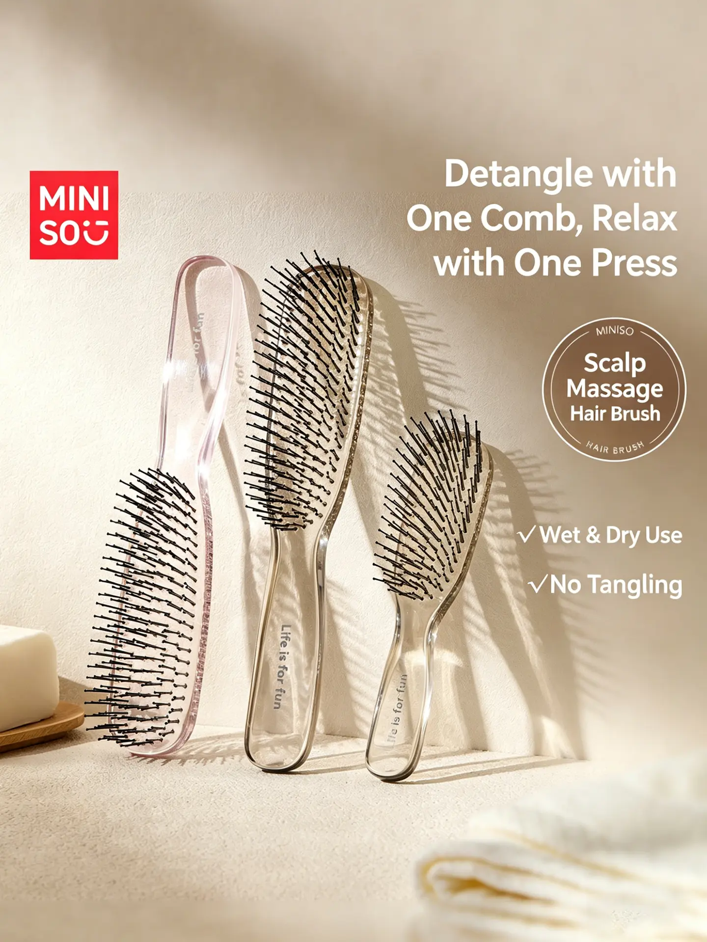 MINISO Female Dual-Use Wet & Dry Polypropylene Hair Comb - Scalp Massage Air Cushion Ribbed Paddle Brush, Portable Mini Fluffy Hair Styling Tool, Anti-Static for Daily Travel Use